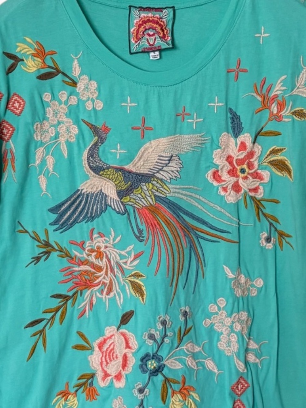 Johnny Was Teal Embroidered Crane Bird Floral Tee Small Boho Asian Cottage S - Picture 3 of 5